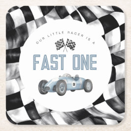Blue Race Car Fast Een 1e verjaardagsfeestje Kartonnen Onderzetters