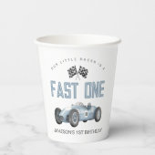 Blue Race Car Fast Een 1e verjaardagsfeestje Papieren Bekers (Achterkant)