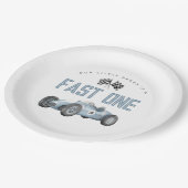 Blue Race Car Fast Een 1e verjaardagsfeestje Papieren Bordje (Gekanteld)
