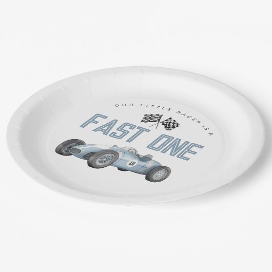 Blue Race Car Fast Een 1e verjaardagsfeestje Papieren Bordje (Gekanteld)