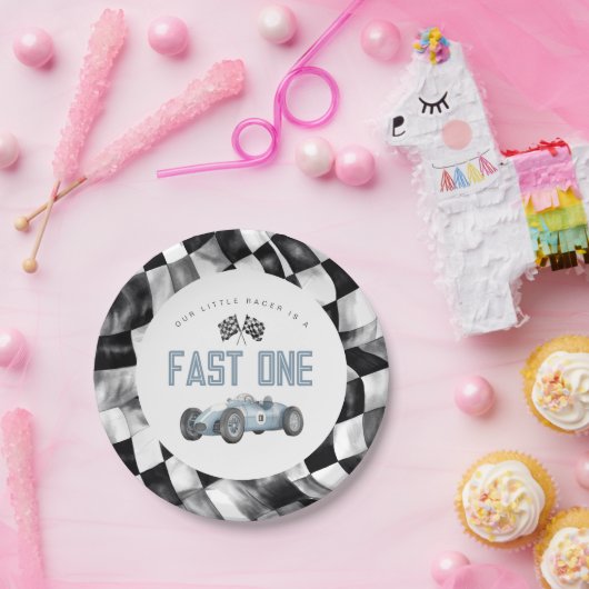 Blue Race Car Fast Een 1e verjaardagsfeestje Papieren Bordje (Feest)
