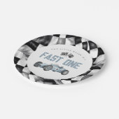 Blue Race Car Fast Een 1e verjaardagsfeestje Papieren Bordje (Gekanteld)
