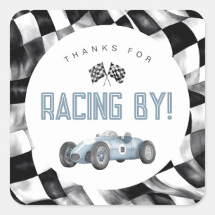 Blue Race Car Fast Een 1e verjaardagsfeestje Vierkante Sticker