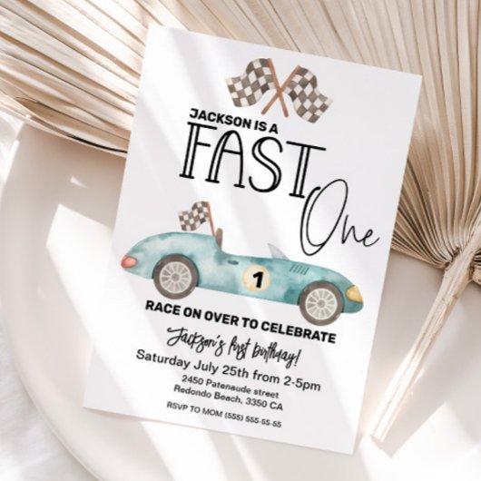 Blue Race car FAST ONE 1st birthday Kaart