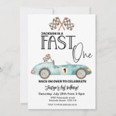 Blue Race car FAST ONE 1st birthday Kaart (Voorkant)