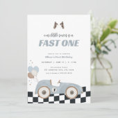 Blue Race Car Fast One First Birthday Invite Kaart (Staand voorkant)