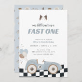 Blue Race Car Fast One First Birthday Invite Kaart (Voorkant / Achterkant)
