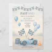 Blue Race Car First Birthday Kaart (Voorkant)