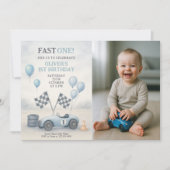 Blue Race Car First Birthday Photo Kaart (Voorkant)