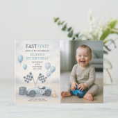 Blue Race Car First Birthday Photo Kaart (Staand voorkant)