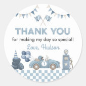 Blue Race Car First Lap Around the Track Birthday Ronde Sticker (Voorkant)