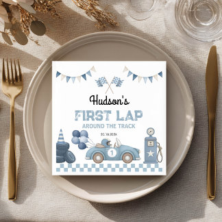 Blue Race Car First Lap Around the Track Birthday Servet