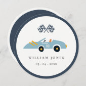 Blue Race Car Kids Birthday Cupcake Topper Digital Kaart (Voorkant / Achterkant)
