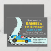 Blue Race Car Kids Birthday Party Invitations Kaart (Voorkant / Achterkant)