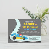 Blue Race Car Kids Birthday Party Invitations Kaart (Staand voorkant)