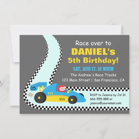 Blue Race Car Kids Birthday Party Invitations Kaart (Voorkant)