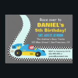 Blue Race Car Kids Birthday Party Invitations Kaart<br><div class="desc">Organiseer een racewagen-verjaardagsfeestje voor een verjaardagsjongen die van raceauto's en speelgoed houdt! Deze kleurrijke en felle verjaardagsfeestuitnodiging omvat raceonderdelen zoals de zwarte en witte gevlekte racevoeringen, een blauwe en gele kleine sportwagen met een kleine racer binnenin, met een rode helm en een kampionship trophy cup aan de achterkant. Zelfs de...</div>