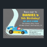 Blue Race Car Kids Birthday Party Invitations Kaart<br><div class="desc">Organiseer een racewagen-verjaardagsfeestje voor een verjaardagsjongen die van raceauto's en speelgoed houdt! Deze kleurrijke en felle verjaardagsfeestuitnodiging omvat raceonderdelen zoals de zwarte en witte gevlekte racevoeringen, een blauwe en gele kleine sportwagen met een kleine racer binnenin, met een rode helm en een kampionship trophy cup aan de achterkant. Zelfs de...</div>