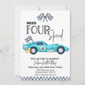 Blue Race Car, Need FOUR speed 4th Birthday  Kaart (Voorkant)