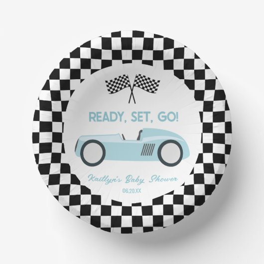 Blue Race Car Ready Set Go Baby shower Papieren Kommen (Voorkant)