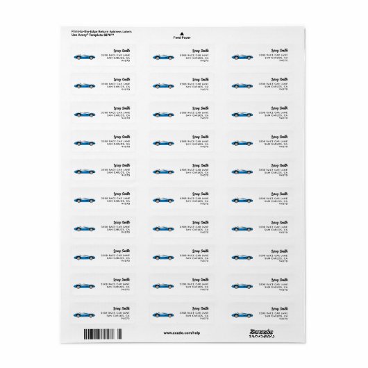 Blue Race Car Return-adres Etiket (Full Sheet)
