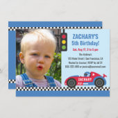 Blue Race Car Thmed Boys Birthday Foto Kaart (Voorkant / Achterkant)