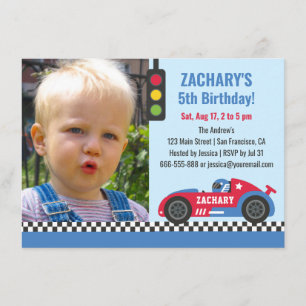 Blue Race Car Thmed Boys Birthday Foto Kaart