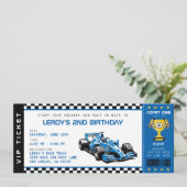 Blue Race Car Ticket Pass Jongen Verjaardagsfeestj Kaart (Staand voorkant)