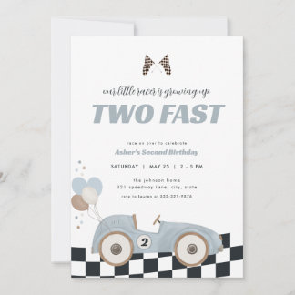 Blue Race Car Two Fast Second Birthday Invite  Kaart