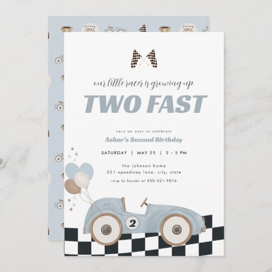 Blue Race Car Two Fast Second Birthday Invite  Kaart (Voorkant / Achterkant)