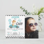 Blue Racing Car Balloon Giraffe Foto 1e Verjaardag Kaart (Staand voorkant)