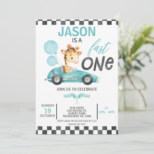 Blue Racing Car Balloons Giraffe 1e Verjaardag Kaart (Staand voorkant)