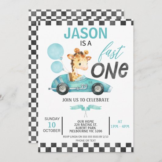 Blue Racing Car Balloons Giraffe 1e Verjaardag Kaart (Voorkant / Achterkant)
