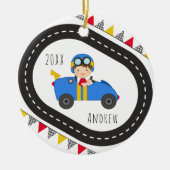 Blue Racing Car Boy Kerstversiering Keramisch Ornament (Voorkant)