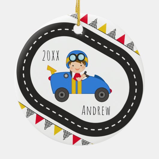 Blue Racing Car Boy Kerstversiering Keramisch Ornament (Achterkant)