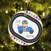 Blue Racing Car Boy Kerstversiering Keramisch Ornament
