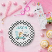 Blue Racing Car Giraffe 1e Verjaardag Papieren Bordje (Feest)