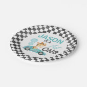 Blue Racing Car Giraffe 1e Verjaardag Papieren Bordje (Gekanteld)