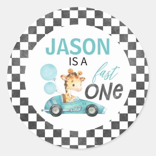 Blue Racing Car Giraffe 1e Verjaardag Ronde Sticker (Voorkant)