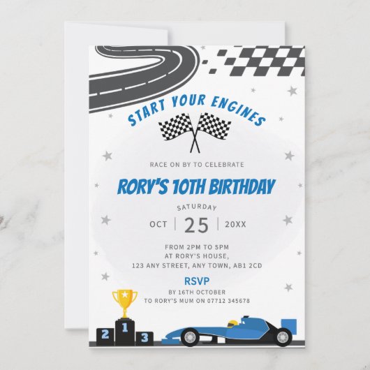 Blue Racing Car verjaardagsfeestje uitnodiging (Voorkant)