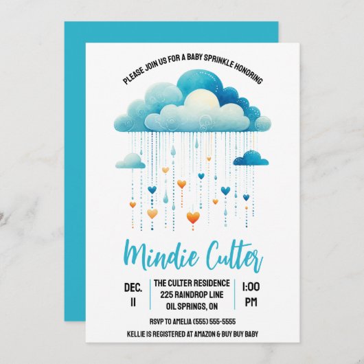 Blue Rain Cloud met Heart Drops Baby Sprinkle Kaart (Voorkant / Achterkant)