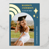 Blue Rainbow Arch and Stars Afstuderen Folie Uitnodiging (Voorkant)