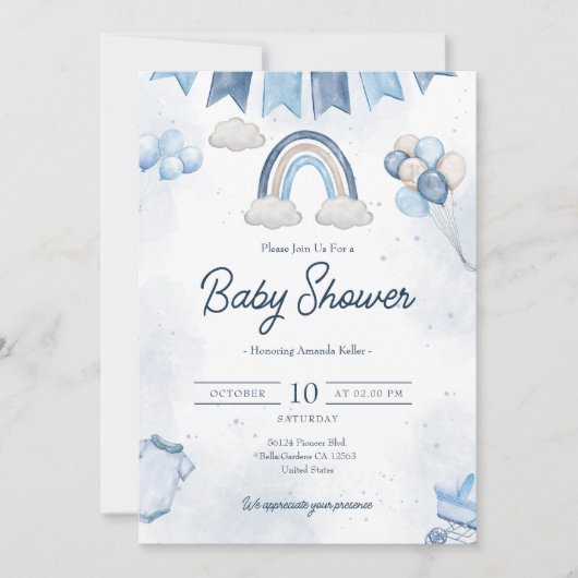 Blue Rainbow Baby shower Invitation Kaart (Voorkant)