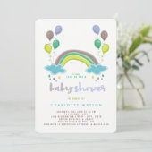 Blue Rainbow & Balloons Whimsical Boy Baby Shower Kaart (Staand voorkant)