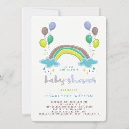 Blue Rainbow & Balloons Whimsical Boy Baby Shower Kaart