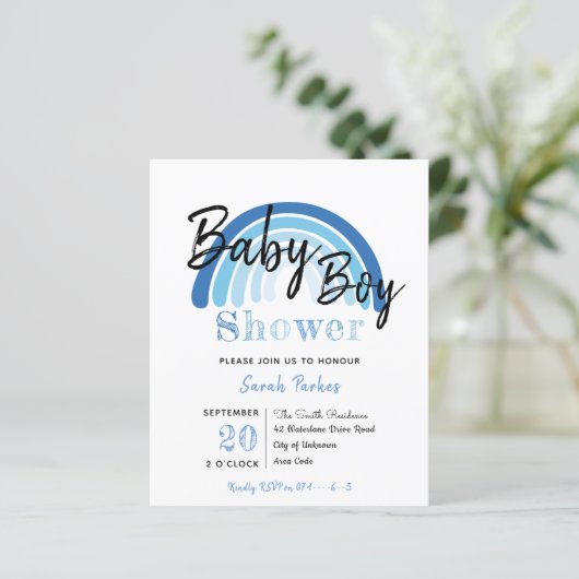 Blue Rainbow Boy Baby shower Budget Uitnodiging (Staand voorkant)
