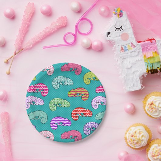 Blue Rainbow Chameleon Pattern Papieren Bordje (Feest)