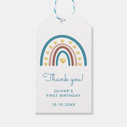 Blue Rainbow First Birthday Bedankt Cadeaulabel (Voorkant)