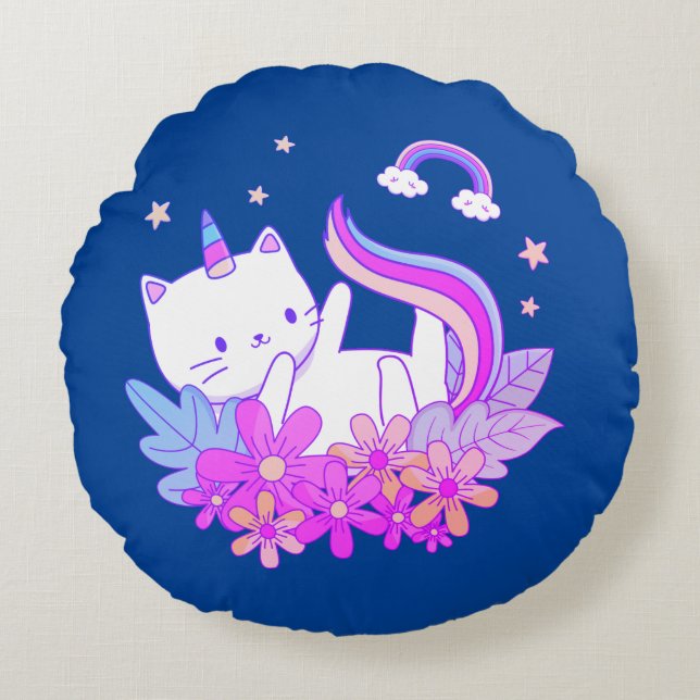 "Blue Rainbow Print Kitten Sierkussen Rond Kussen (Voorkant)