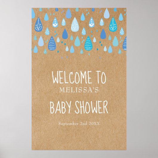 Blue Raindrops Boho Baby shower / Sprinkle Welcome Poster (Voorkant)